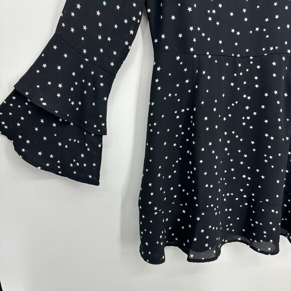 Lucky Brand Star Print Mini Dress M Long Bell Sleeves A Line Black - Picture 5 of 12